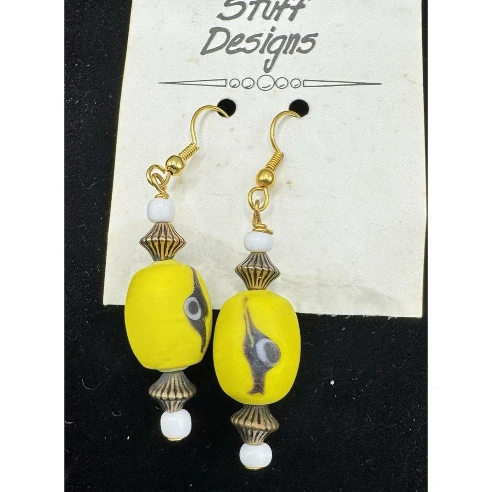 Yellow Glass Bead Dangle Earrings‎ Boho Retro Handmade Vintage